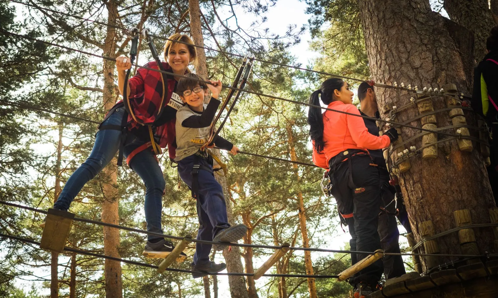 Mensen op een touwparcours hoog tussen de bomen in een klimbos