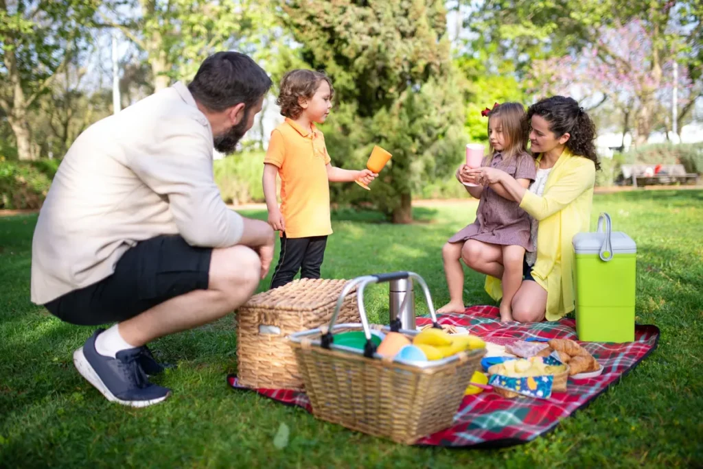 Gezin picknickt op een kleed in het park