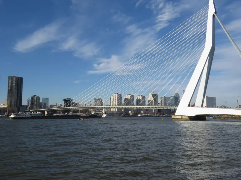 De Erasmusbrug en de skyline van Rotterdam bij zonsondergang
